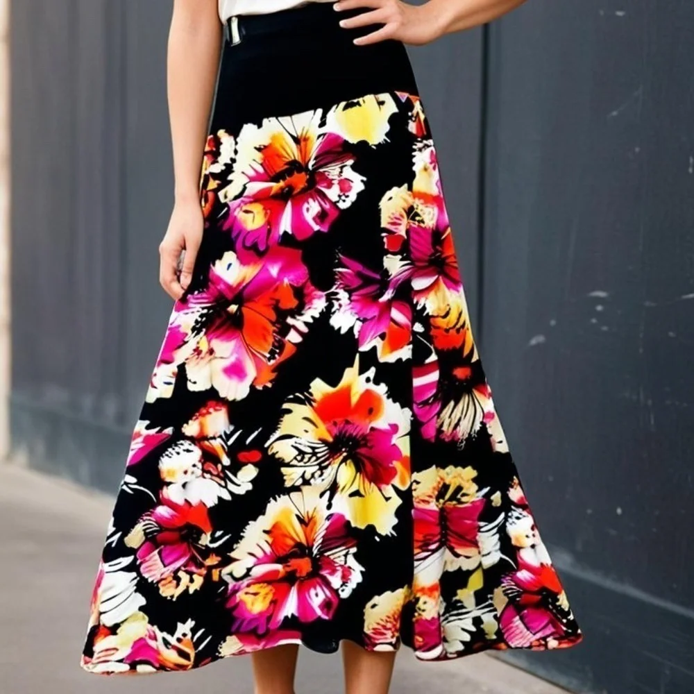 JBS Y2K Vtg Floral Stretch Maxi Skirt Womens M Beachy Coastal Festival Romantic